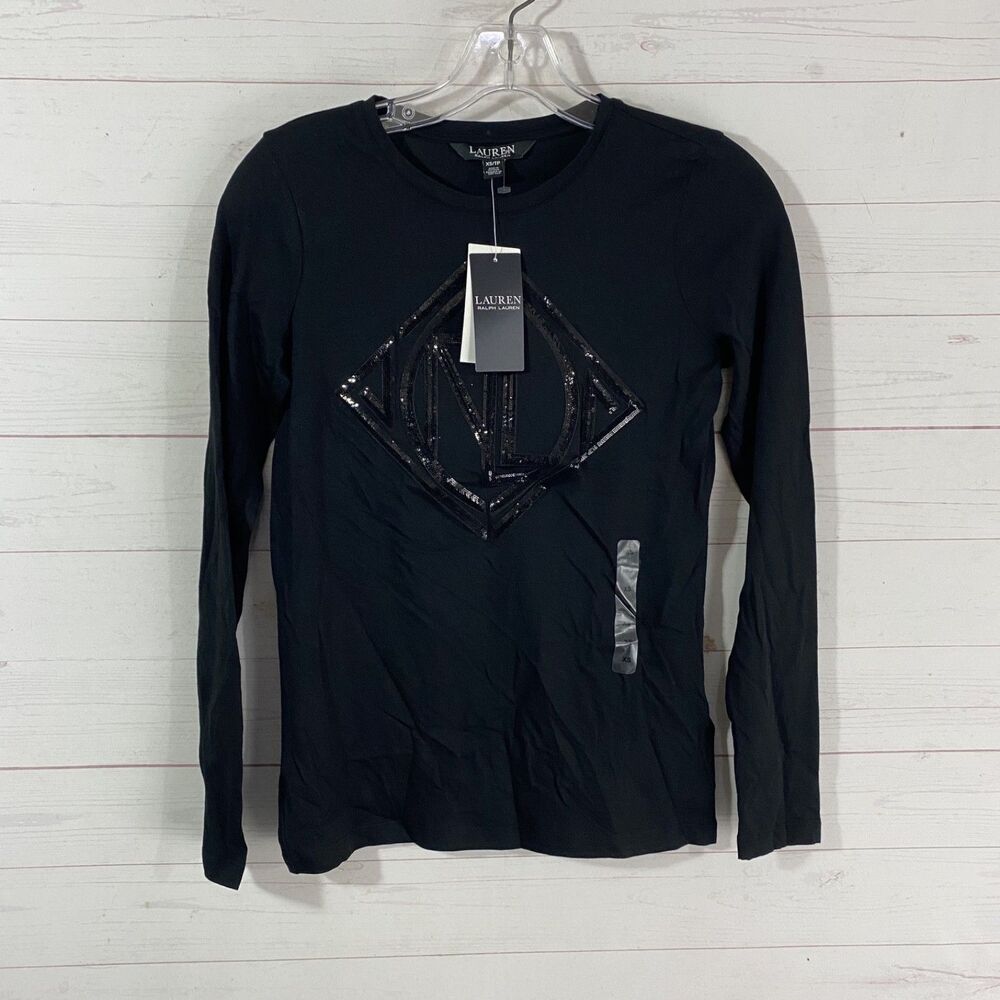 Luren Ralph Lauren Womens Sequined Logo Tee XS Black Cotton/Modal New